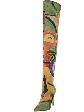 Women's Green Sexy Printed Stretchy Thigh High Pointy Toe Stiletto Heel Boots